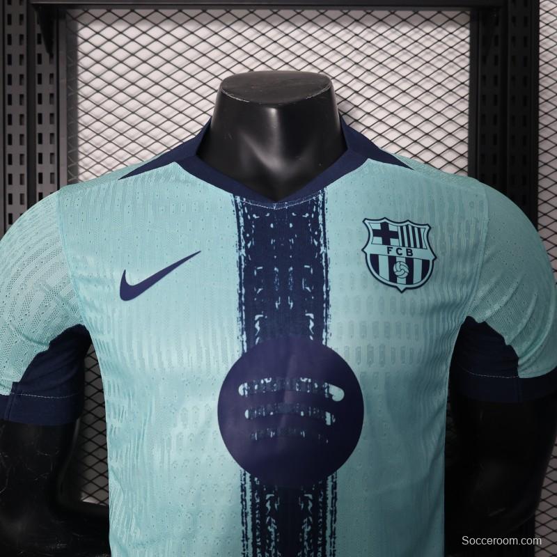 Player Version 25/26 Barcelona Blue 125Th Anniversary Mint Green Jersey with Navy Blue Stripe and Spotify Sponsor