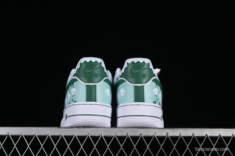 Nike Air Force 1 '07 Low Witch Collaboration Custom Leather Sneakers with Skull and Gradient White-Green Design - CW2288-111