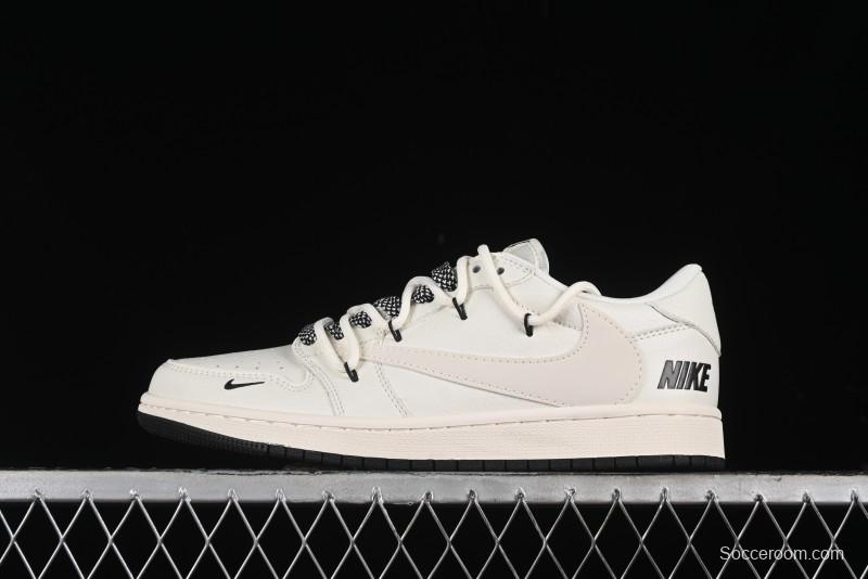 Nike Travis Scott x Fragment Design x Air Jordan 1 Low OG SP AJ1 Black Logo Drawstring Low-Top Casual Sneakers - SJ0086-135