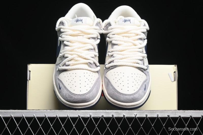 Nike SB Dunk Low Stussy Collaboration - Navy Blue Embroidery Swoosh Anniversary Custom Low-Top Casual Sneakers - SJ2068-296