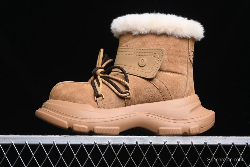 Ouder Retro Lace-Up Mid-Calf Warm & Thickened Platform Casual Snow Boots with Wool Lining - Oud024 Brown