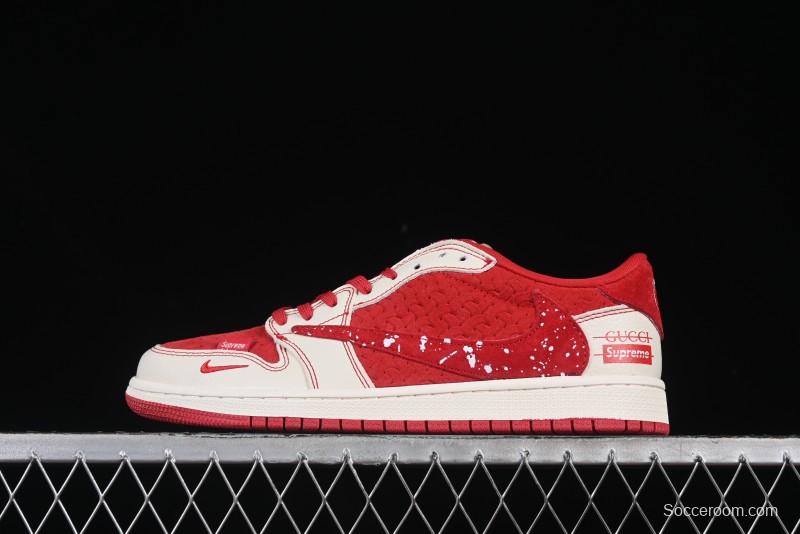 Nike Travis Scott x Fragment Design x Air Jordan 1 Low OG SP AJ1 Collaboration Woven China Red Low-Top Casual Sneakers - XS2024-040