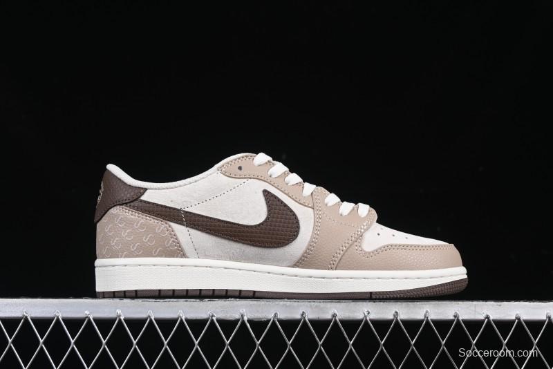 Nike Travis Scott x Fragment Design x Air Jordan 1 Low OG SP AJ1 Snake Year Limited Brown Snake Print Low Top Casual Sneakers - DM7866-074