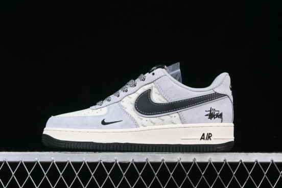 Nike Air Force 1 '07 Low Stussy Collaboration Grey Pigskin Black Swoosh Low-Top Casual Sneakers - XZ3318-099