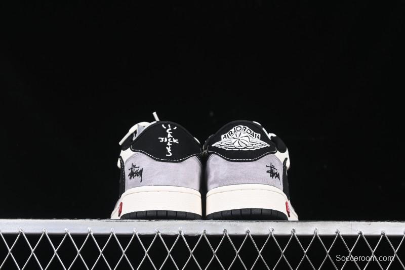 Nike Travis Scott x Fragment Design x Air Jordan 1 Low OG SP AJ1 Stussy Collaboration - Black Hook Dual-Tone Drawstring Low-Top Casual Sneakers - SJ0086-139