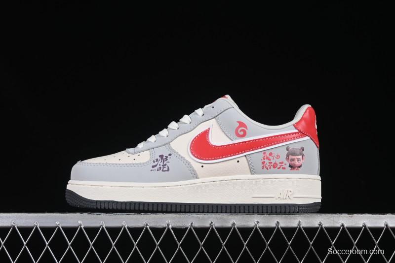 Nike Air Force 1 '07 Low Nezha Collaboration Grey Red Swoosh Casual Sneakers - DF0188-046