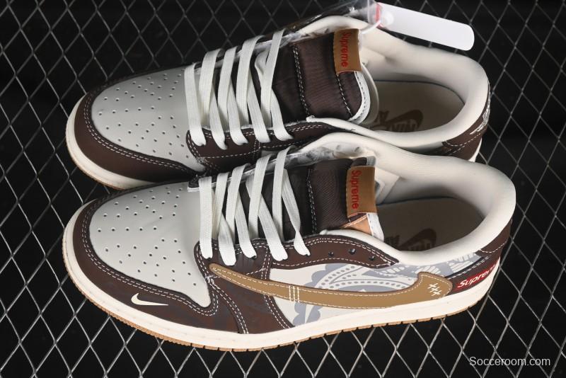 Nike Travis Scott x Fragment Design x Air Jordan 1 Low OG SP AJ1 Supreme Collaboration Brown Graffiti Low-Top Casual Sneakers - XS2024-055