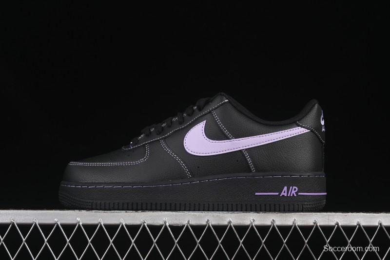 Nike Air Force 1'07 Low Casual Sneakers in Black with Purple Swoosh - HQ2037-001