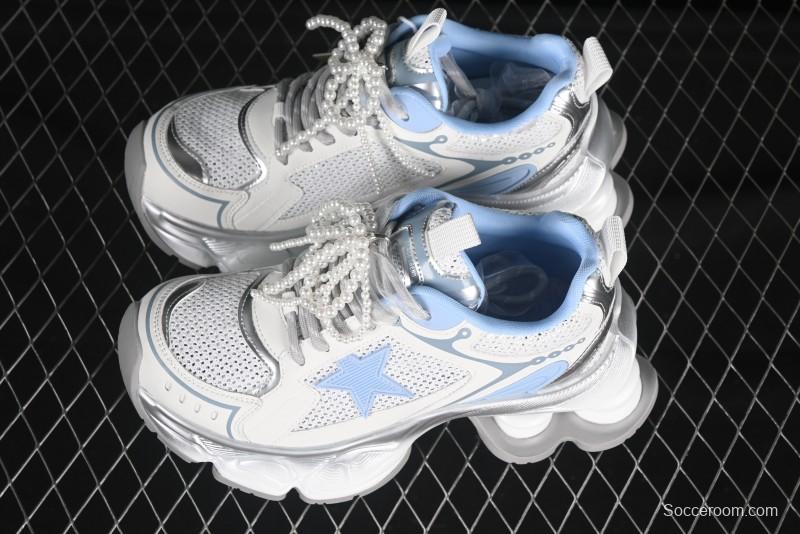 GG-CC Star Same Style Lace-Up Hollow Out Dad Shoes with 5cm Hidden Height Increase - G25X269 White Blue