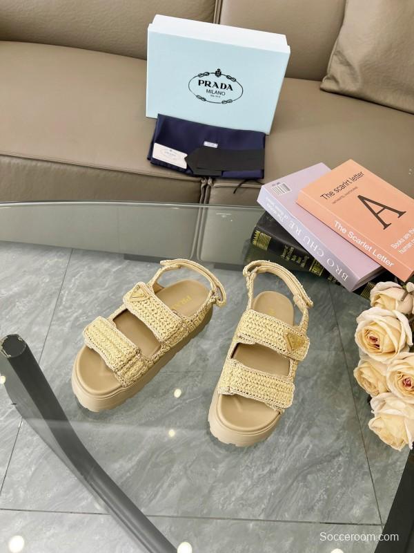 2025 Women Prada Beige Braided Leather Platform Sandals LY00300
