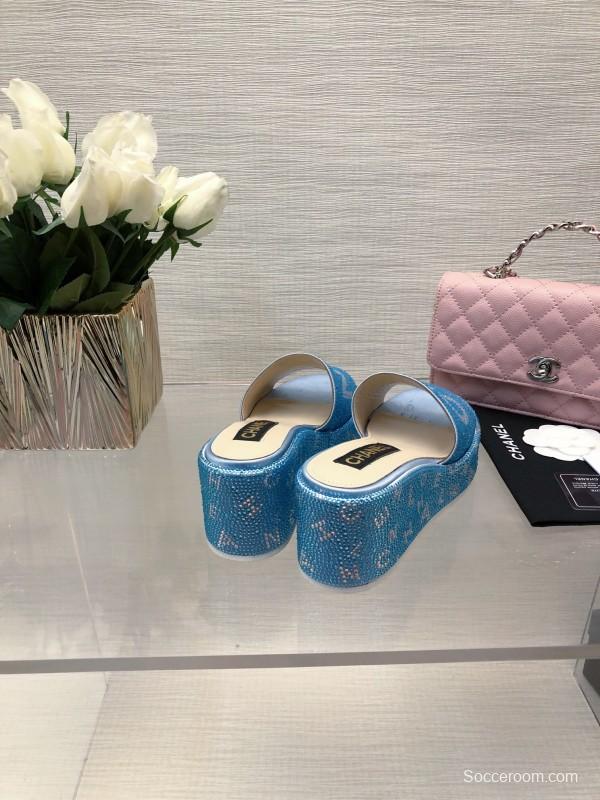 2025 Women Chanel Blue Fabric Platform Slippers LY00320