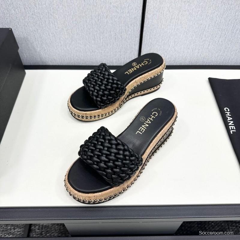 2025 Women Chanel Black Leather Woven Platform Sandals