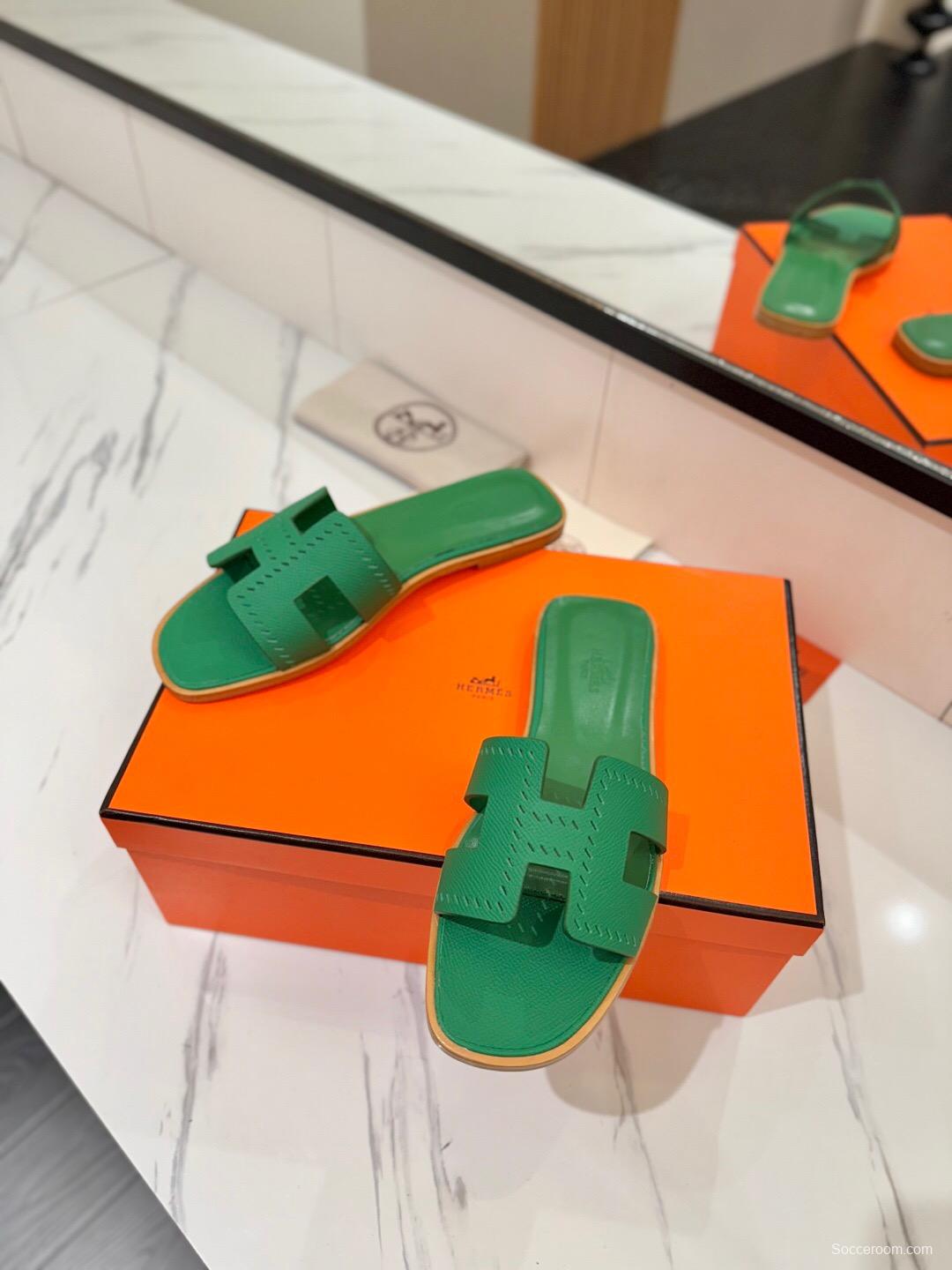 2025 Women Hermès Green Leather Slippers