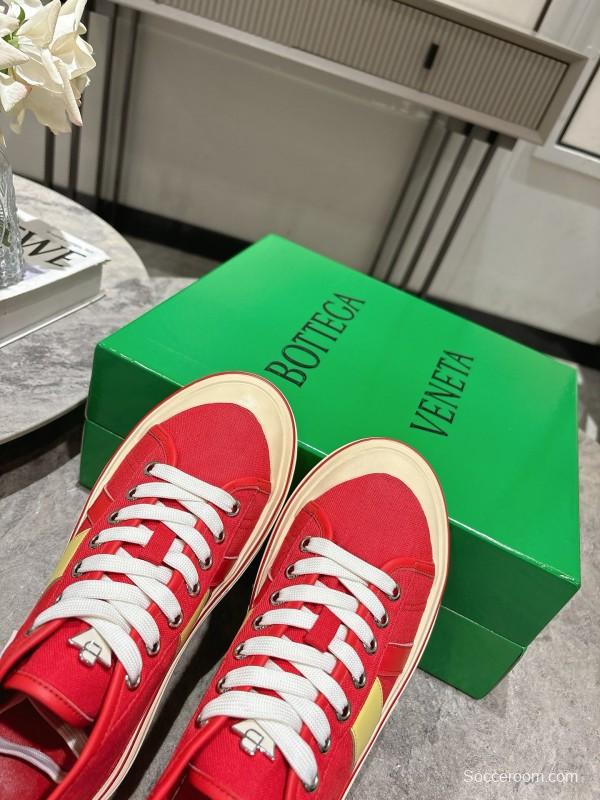 2025 Unisex Bottega Veneta Red Yellow Canvas Leather Sneakers Hand Painted KFY00260(F/M)