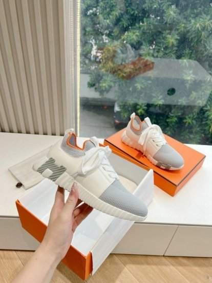 2024 Unisex Hermès Gray White Orange Calf Leather Suede Knit Sneakers MJ00290