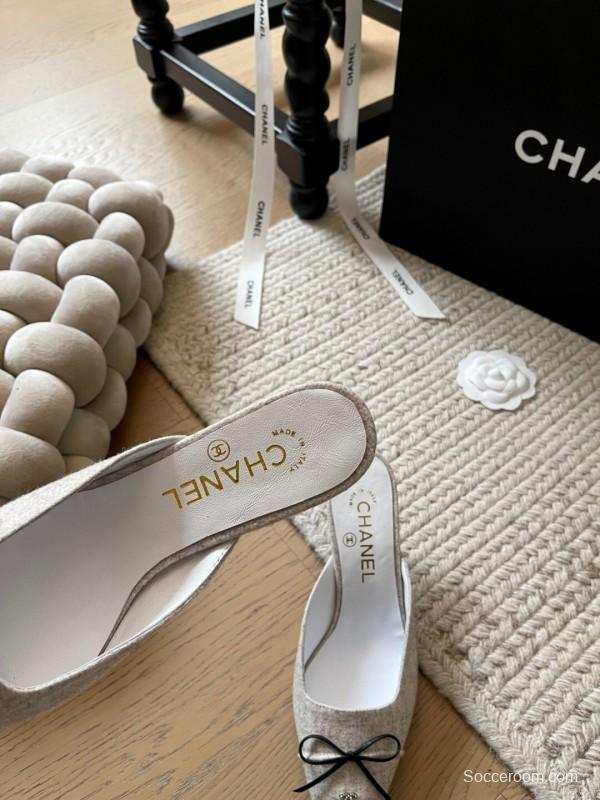 2025 Women Chanel Beige Fabric Pointed Toe Mules KFY00290