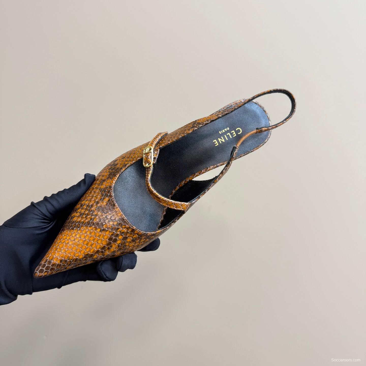 2025 Women Celine Brown Snake Leather Pointed Toe Slingback Heels