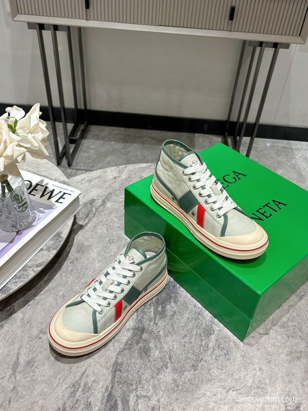 2025 Women Bottega Veneta Green White Red Canvas Leather High Top Sneakers