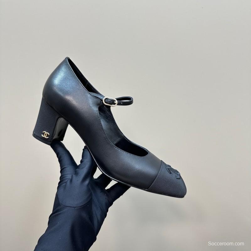 2025 Women Chanel Black Leather Mary Jane Shoes KFY00290