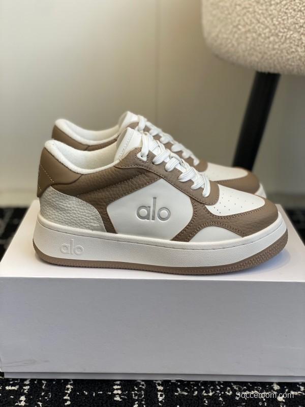 2025 Women Alo White Brown Leather Sneakers KFY00280