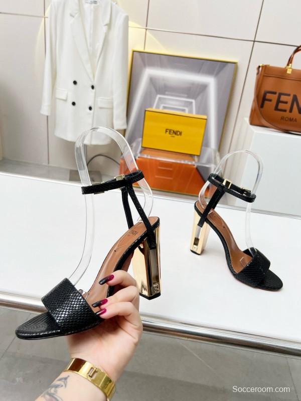 2025 Women Fendi Black Leather High Heel Sandals MJ00251