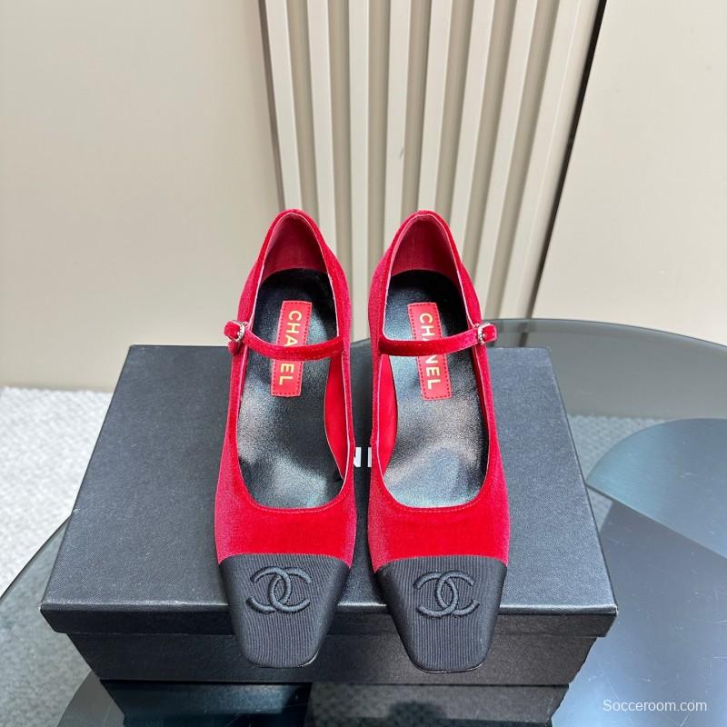 2025 Women Chanel Red Black Suede Leather Mary Jane Logo KFY00290