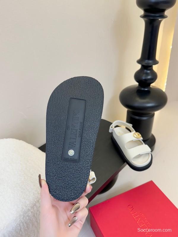 2025 Women Valentino White Leather Sandals V Buckle KFY00320