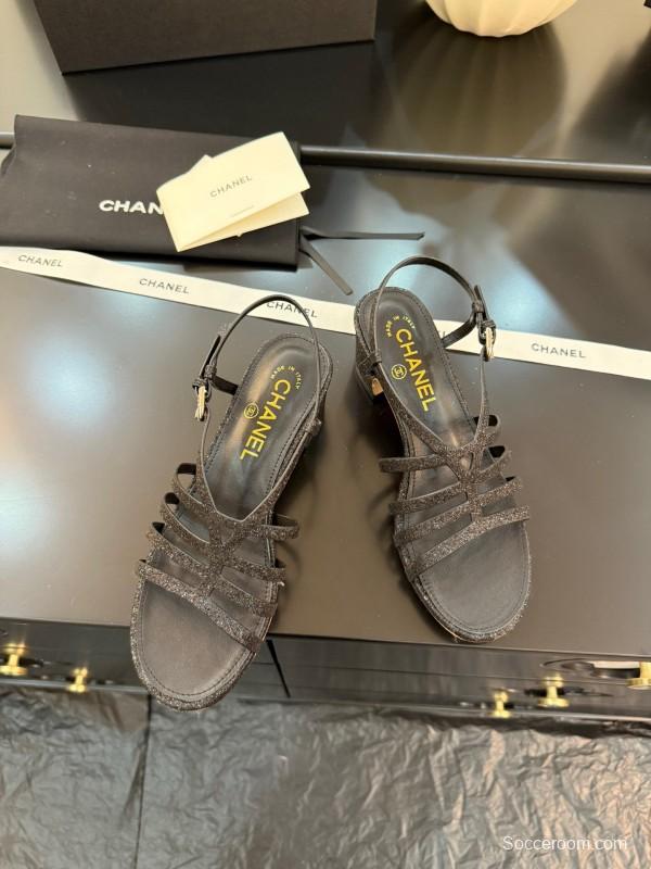 2025 Women Chanel Black Leather Sandals KFY00289