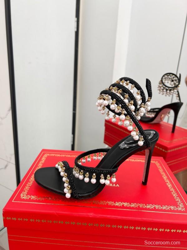 2025 Women RC Black Silk Crystal Pearl High Heel Sandals LY00360