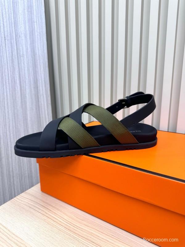 2025 Women Hermès Black Green Leather Nylon Sandals LY00270