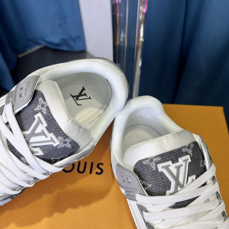 2025 Unisex Louis Vuitton Grey White Canvas Leather Sneakers