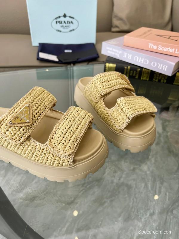2025 Prada Beige Raffia Slippers LY00290