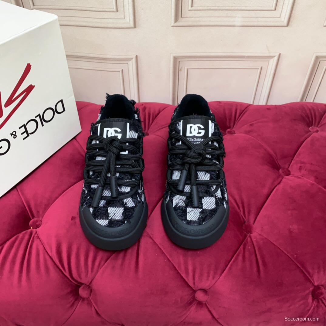 2025 Unisex Dolce & Gabbana Black White Fur Canvas Sneakers