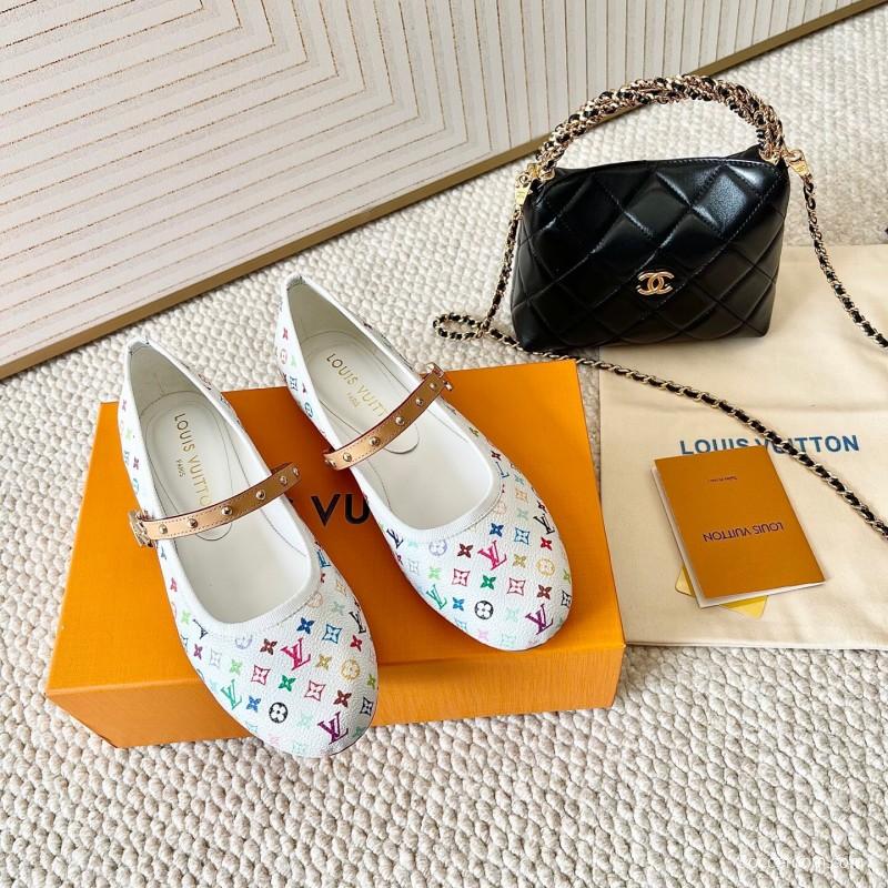2025 Women Louis Vuitton White Multicolor Leather Ballet Flat