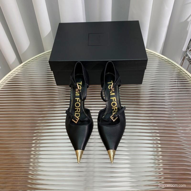 2025 Women TOM FORD Black Gold Leather Heels Metal Toe KFY00320