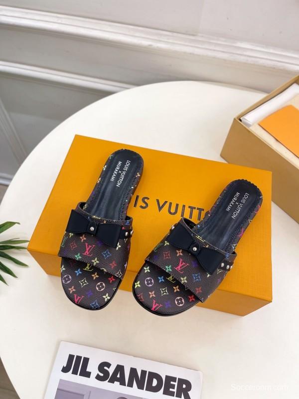 2025 Slippers Louis Vuitton Black Multicolor Monogram Leather Bow KFY00290