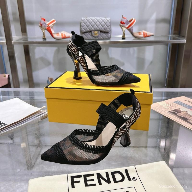 2025 Women Fendi Black Beige Mesh Leather Heels MJ00280