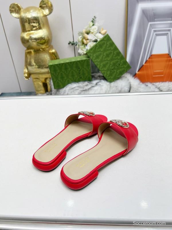 2025 Gucci Red Leather Slippers GG Ornament MJ00190
