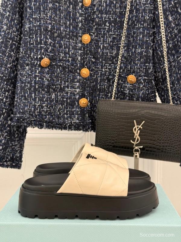 2025 Women Prada Beige Leather Platform Sandals