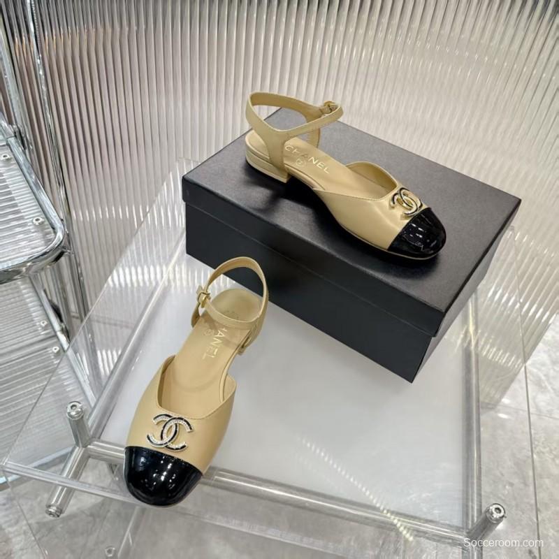 2025 Women Chanel Beige Black Leather Slingback Flat Sandals LY00260