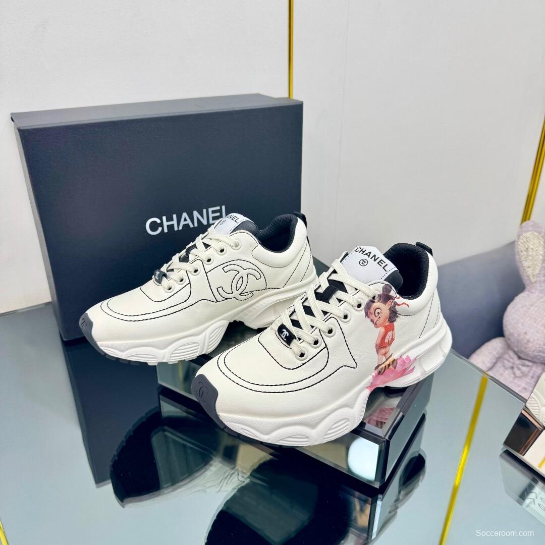 2025 Women Chanel White Leather Sneakers Nezha Pattern