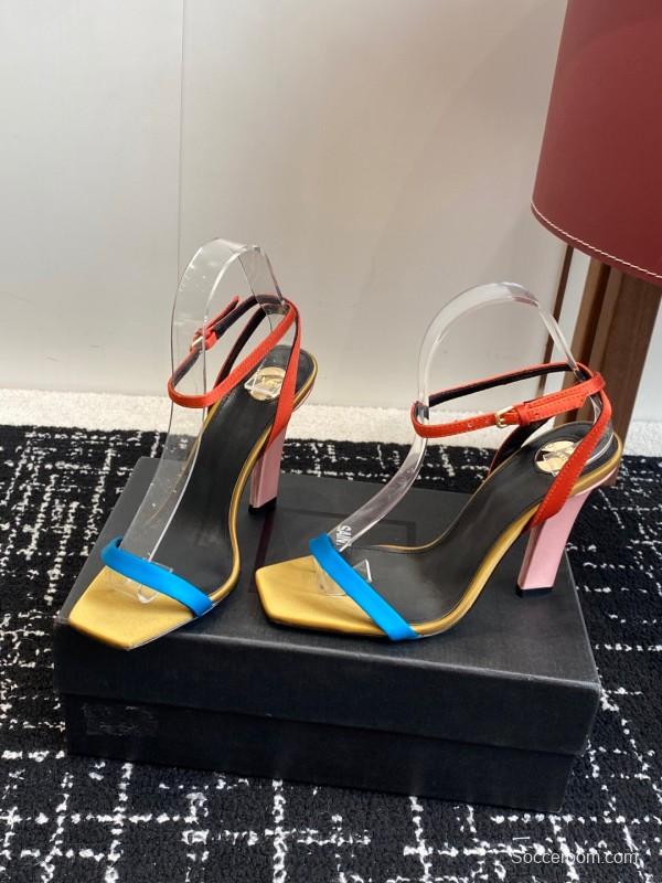 2025 Women Yves Saint Laurent Orange Black Blue Leather High Heel Sandals