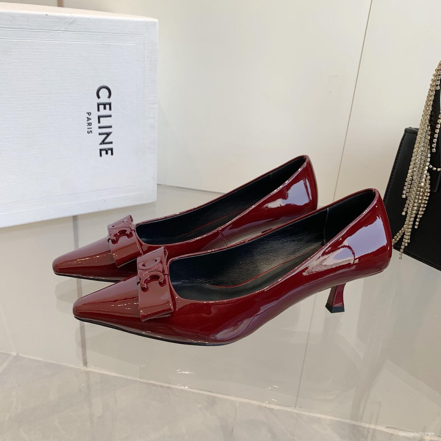 2025 Women Celine Burgundy Patent Leather Pointed Toe Pumps