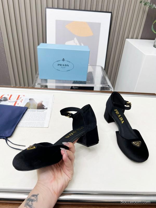 2025 Women Prada Black Velvet Mary Jane Block Heel KFY00270