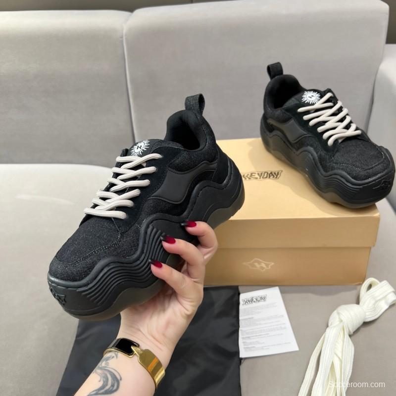 2025 Unisex HEYDAY Black Canvas Leather Wave Sneakers KFY00260