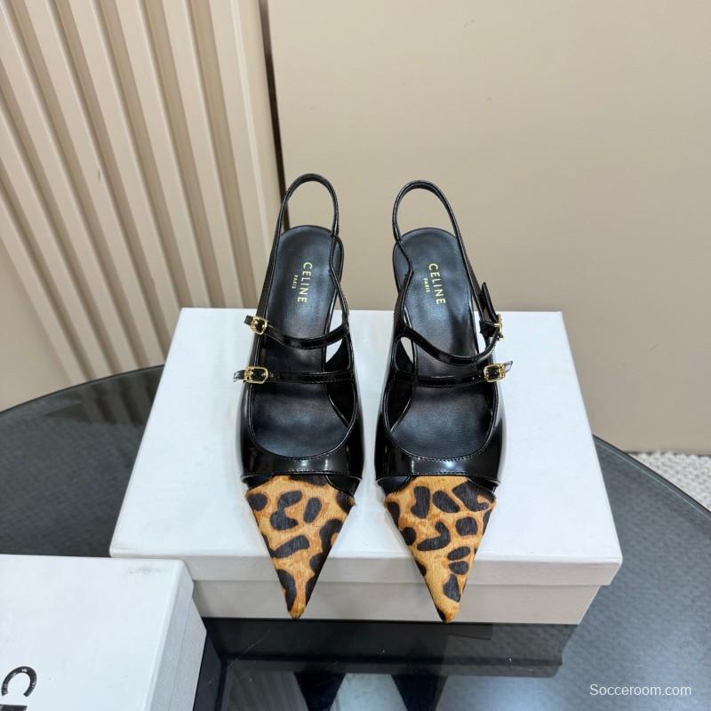 2025 Women Celine Leopard Black Patent Leather Slingback Heels
