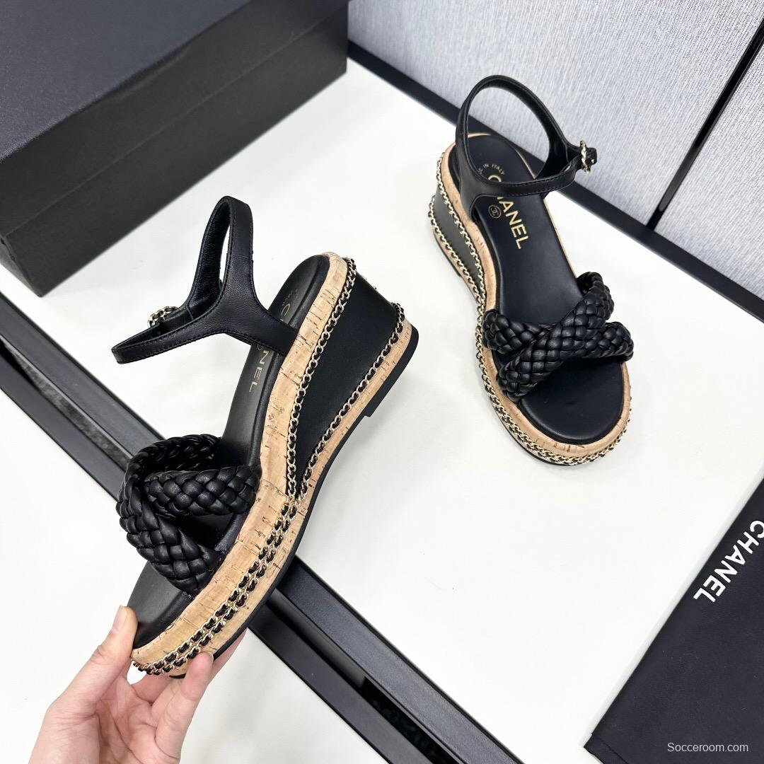 2025 Women Chanel Black Leather Braided Wedge Sandals