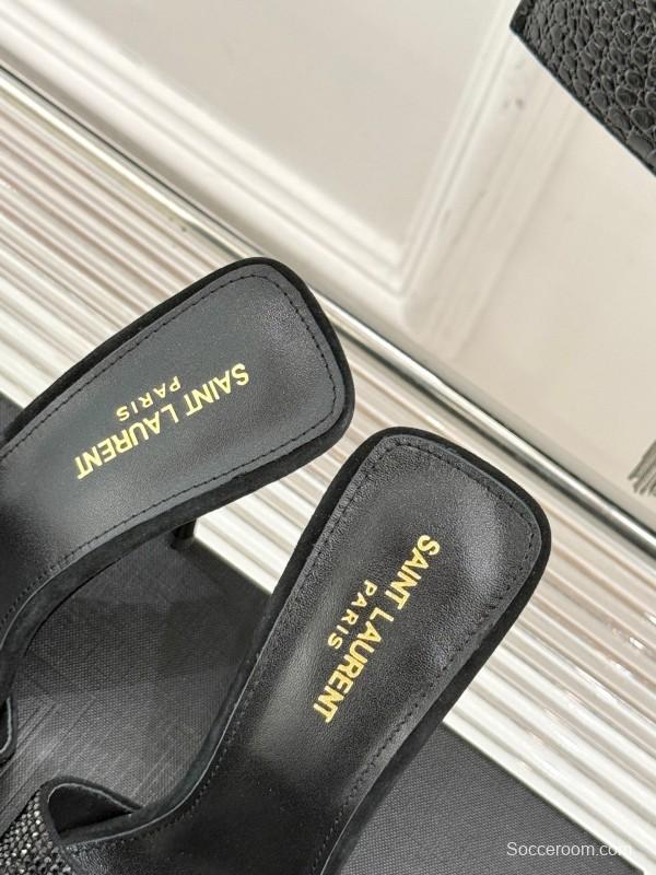 2025 Women Yves Saint Laurent Black Rhinestone Leather High Heel Slippers LY00300