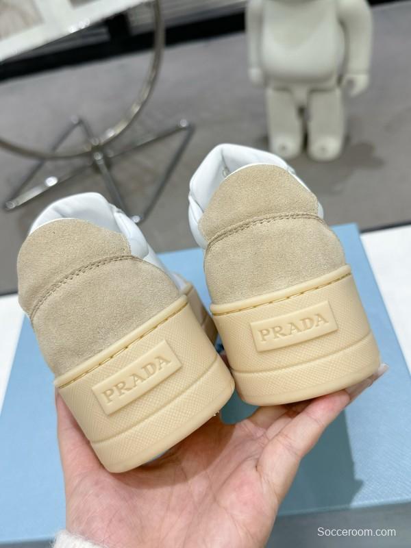 2025 Women Prada White Beige Leather Suede Sneakers