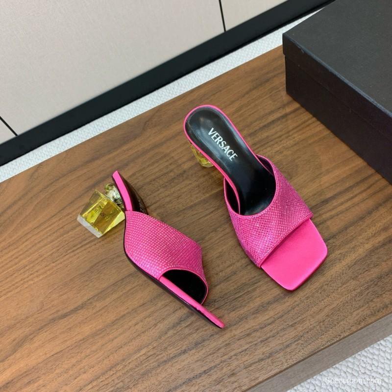 2025 Women VERSACE Pink Silk Leather Mules Crystal Embellishment KFY00300